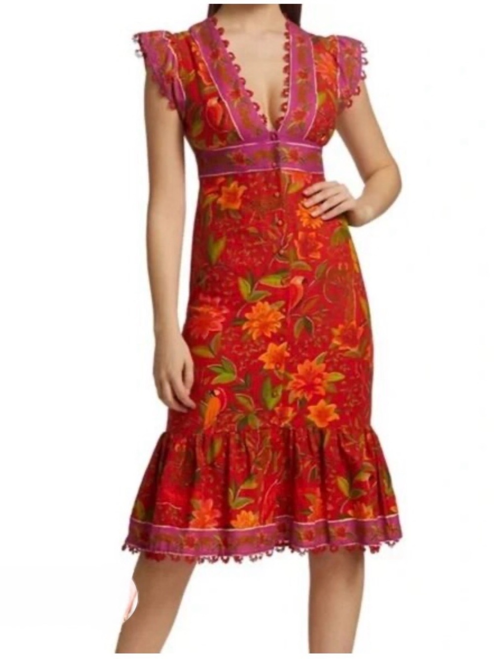 NWT FARM Rio Solar Forest Button Down Dress Red / Pink / Green Jungle Animal M